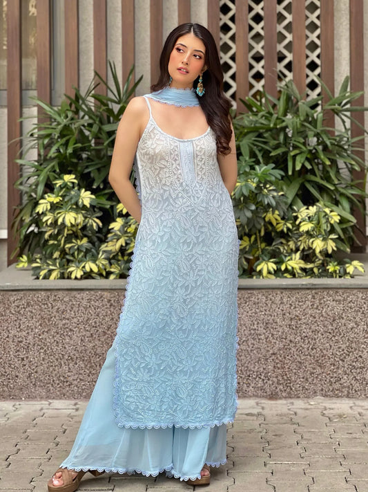 Dreamy Frost Chikankari  Strappy Kurta Set (set of 3)