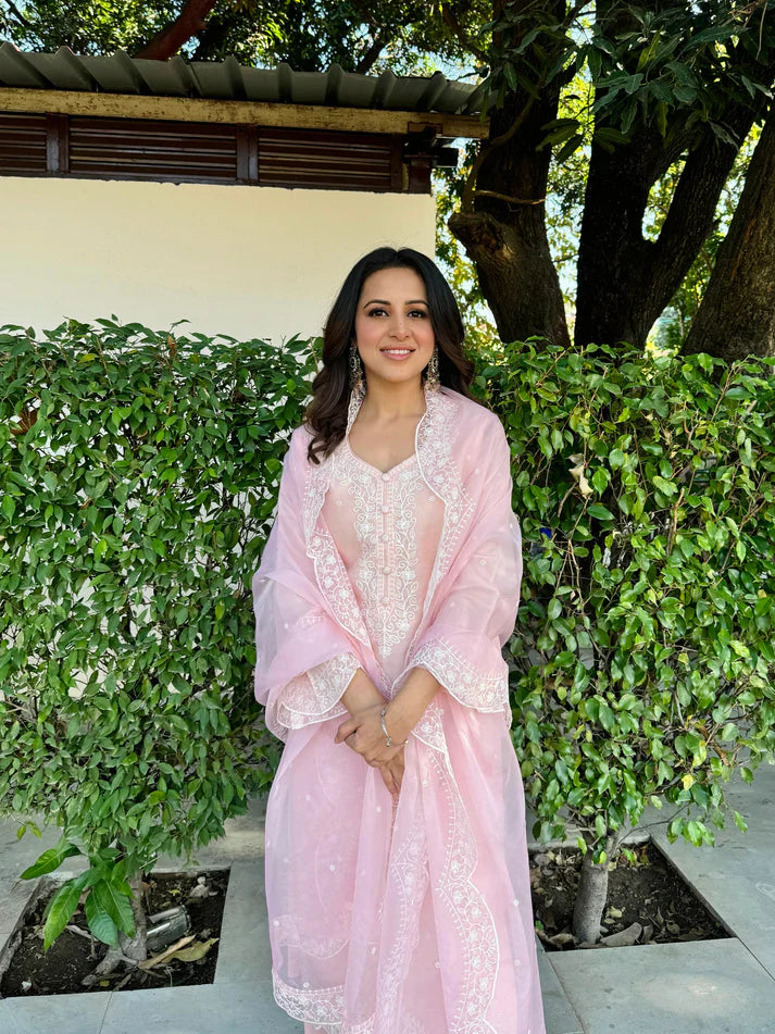 Peach Pink Embroidered Suit Set.