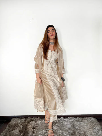 Hazel Beige Chanderi Suit Set