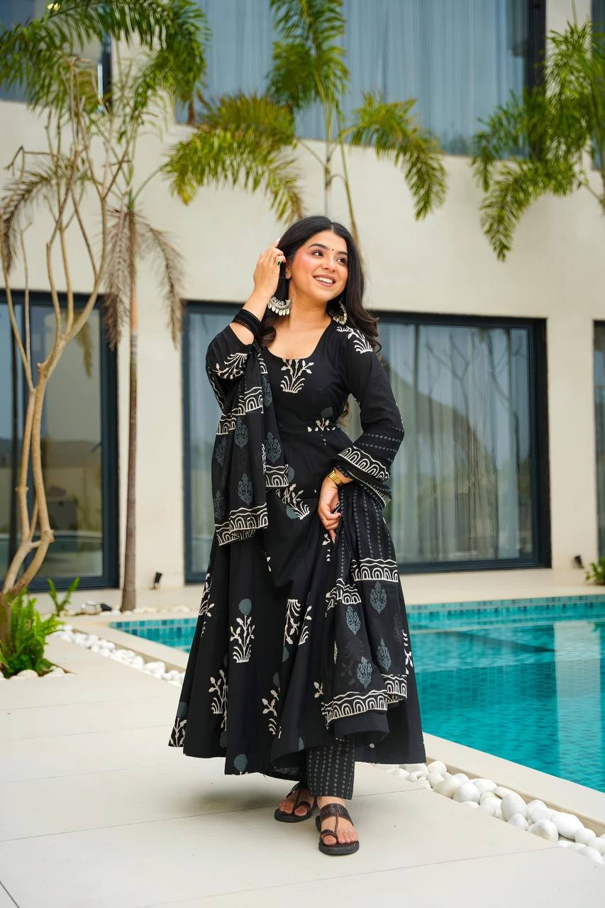 Pure Cotton Black Anarkali Suit Set