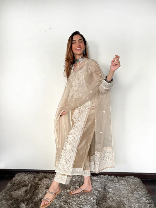 Hazel Beige Chanderi Suit Set