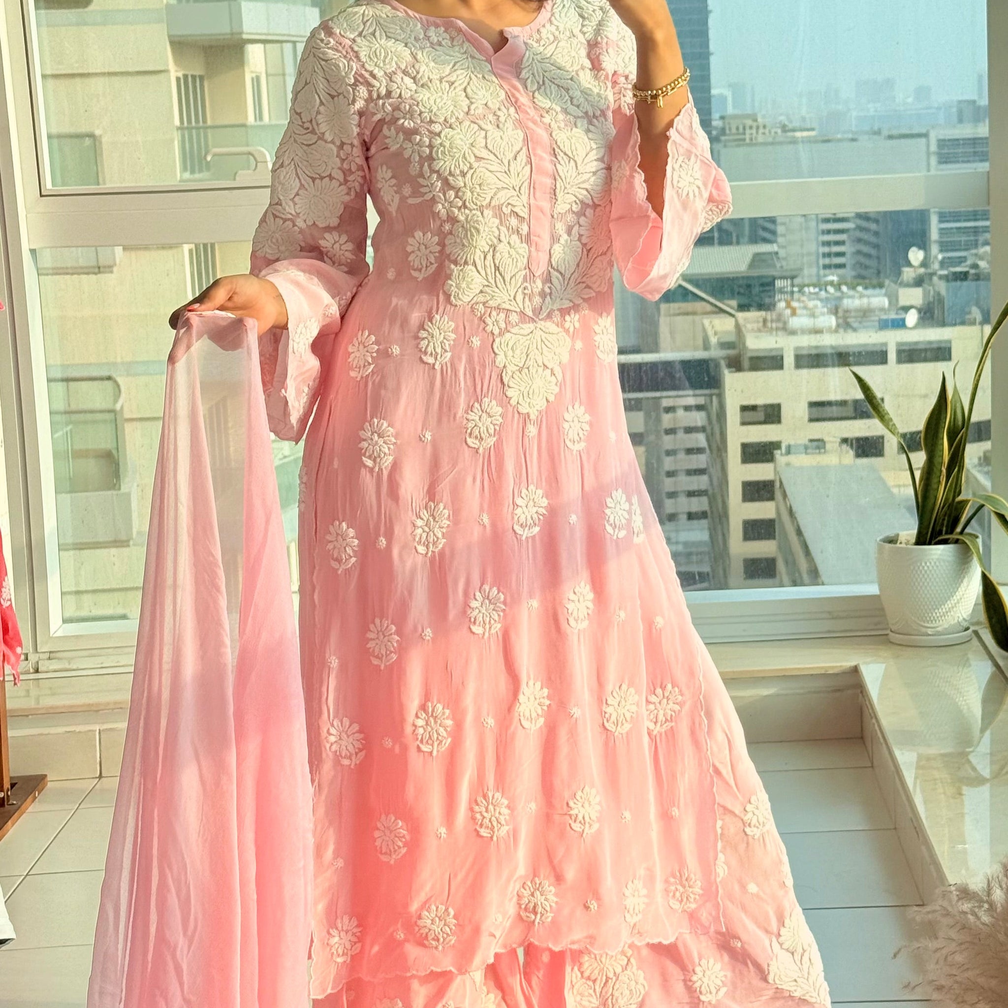 Pink Chikankari Muslin Cord Set