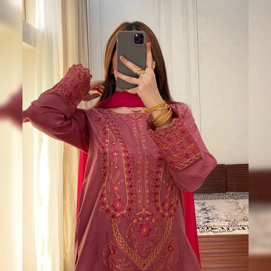 Roman silk Embroidered Suit With Dupatta
