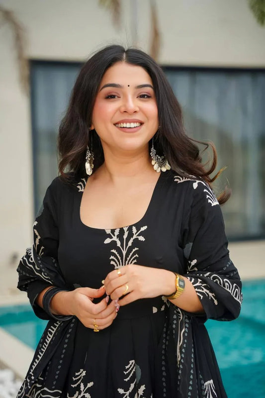 Pure Cotton Black Anarkali Suit Set