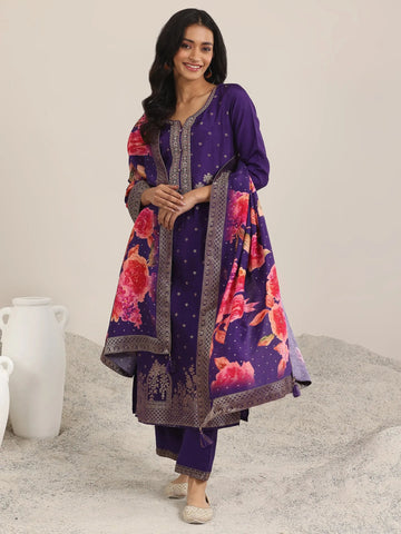 Purple Woven Design Silk Blend Straight Suit With Dupatta