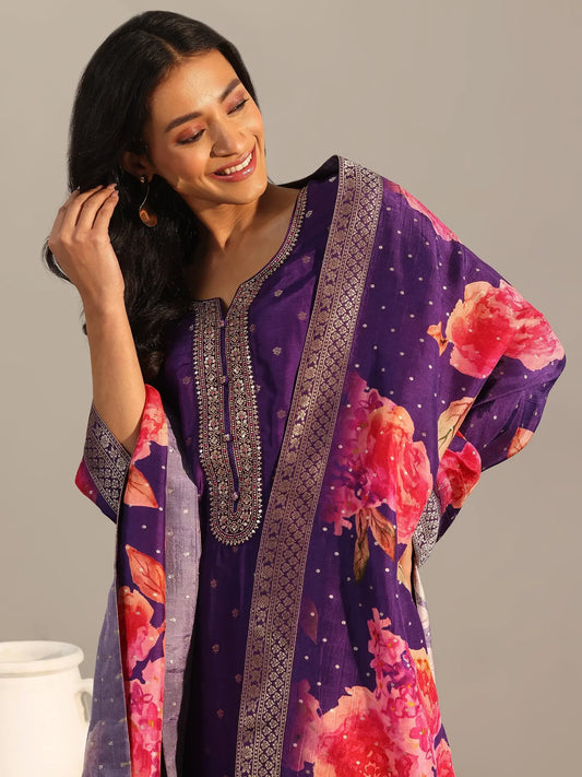 Purple Woven Design Silk Blend Straight Suit With Dupatta