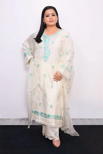 Ivory White Chanderi Embroidered Suit Set