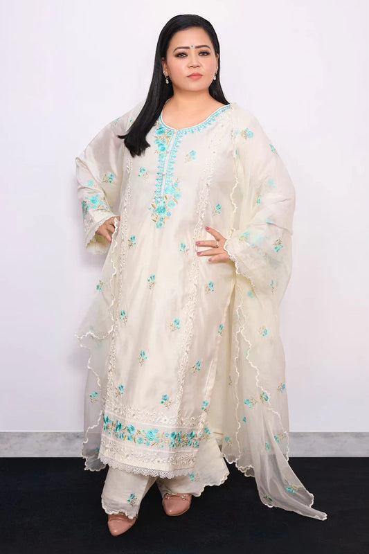 Ivory White Chanderi Embroidered Suit Set