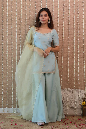 Powder Blue Embroidered Sharara Set
