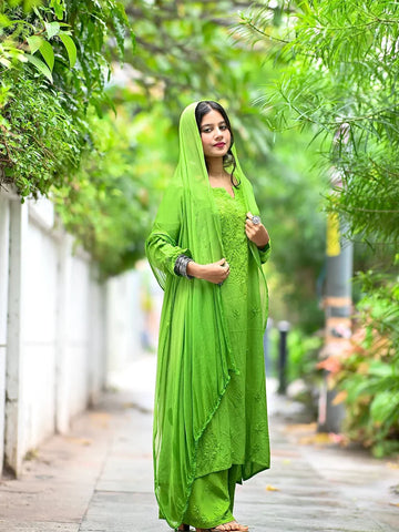 Parrot Green Ombre Chikankari Suit Set