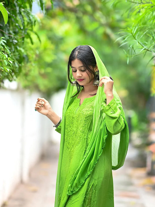 Parrot Green Ombre Chikankari Suit Set