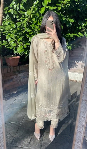 Heavy Cream Embordered Designer Suit