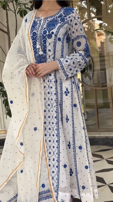 White Malmal Pearl Work Chikankari