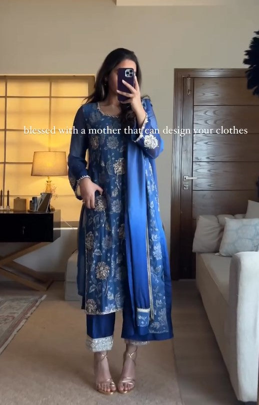 Blue & Gold Embordered Designer Suit