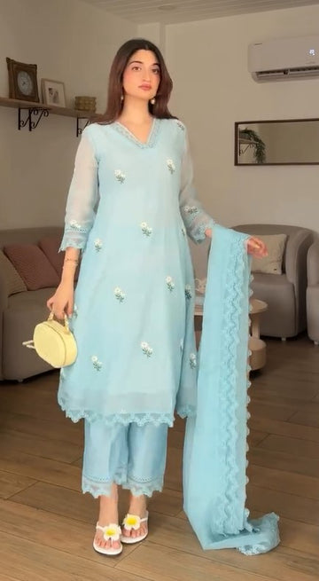 Powder Blue Embroidered Kurta with Pant
