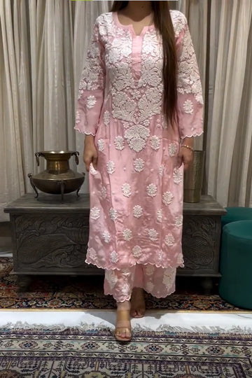 DESIGNER WEAR CHIKANKARI KURTI PLAZO PAIR