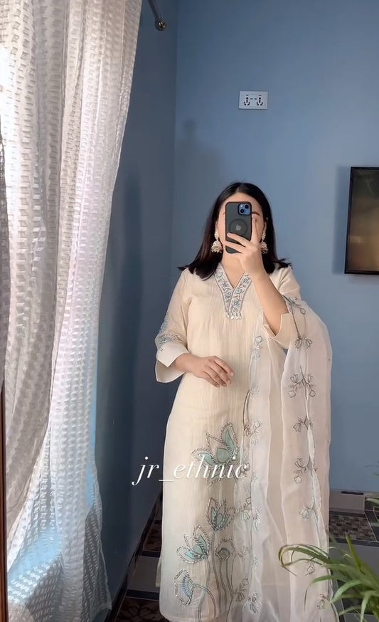 Cream Suit Set With Dupatta