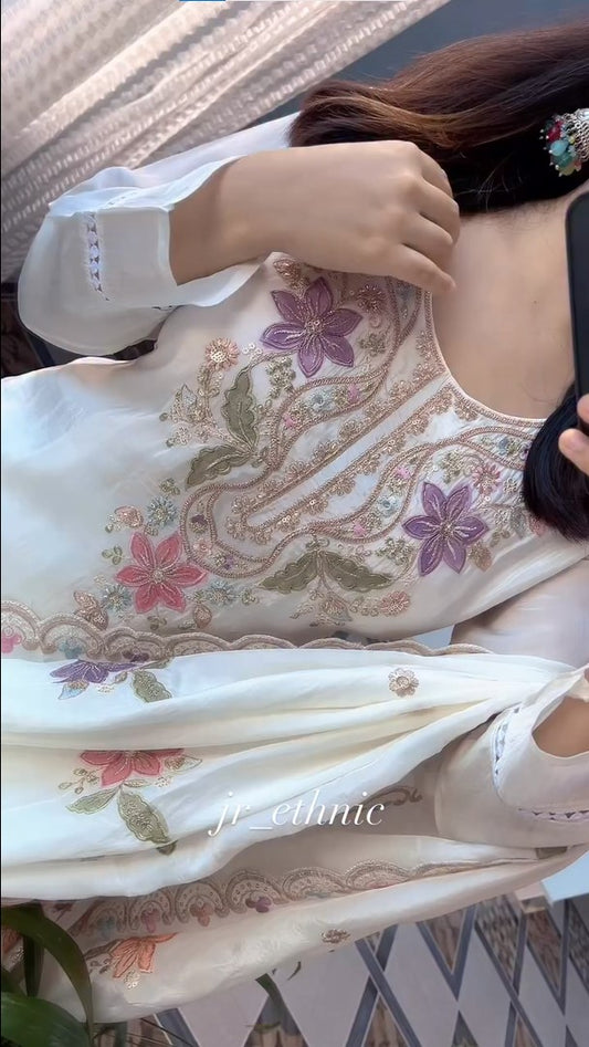 New Creap Silk Embroidered Suit With Dupatta