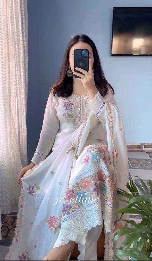 New Creap Silk Embroidered Suit With Dupatta
