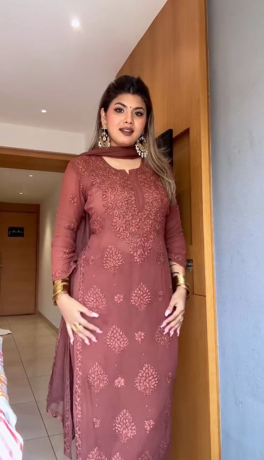 Brown Handwork Chikankari Suit Set