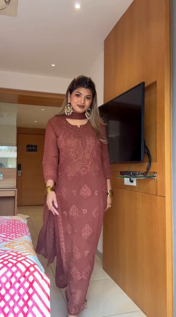 Brown Handwork Chikankari Suit Set