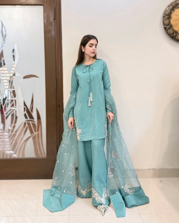 Premium silk embroidered pearl suit