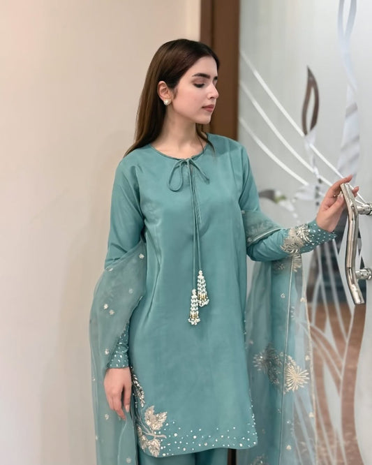 Premium silk embroidered pearl suit