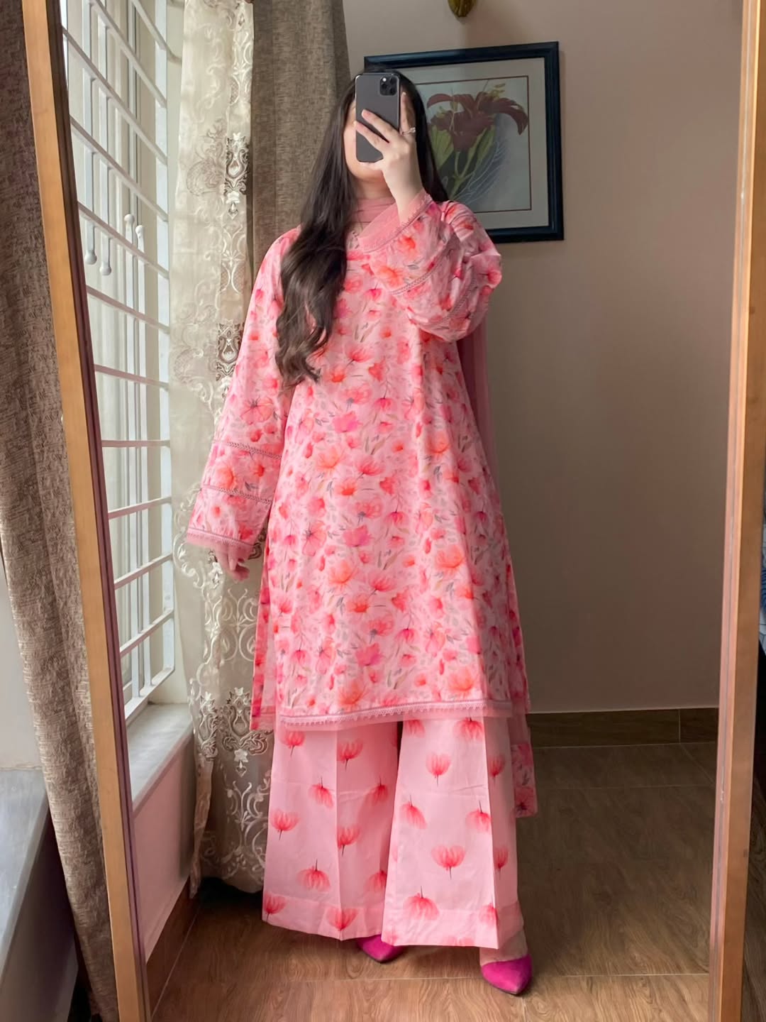 Lawn Printed Pink Dress With Plazo