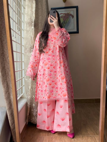 Lawn Printed Pink Dress With Plazo