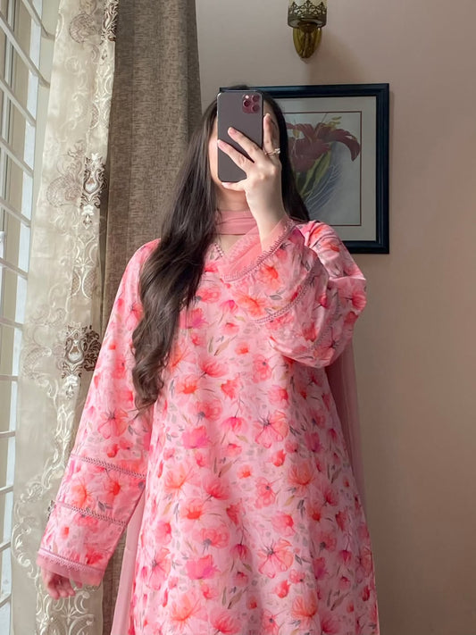 Lawn Printed Pink Dress With Plazo