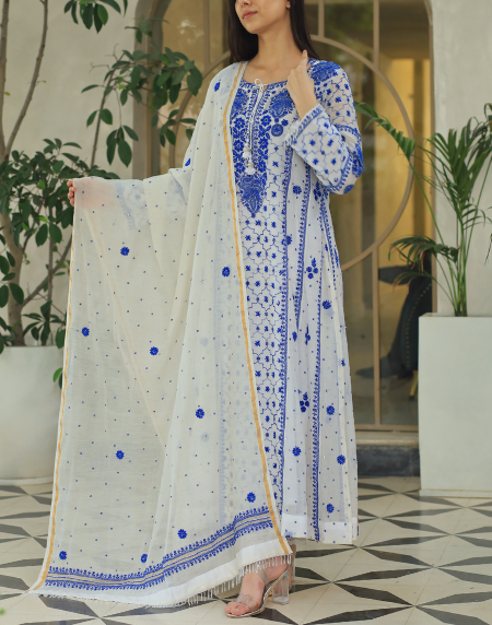 White Malmal Pearl Work Chikankari