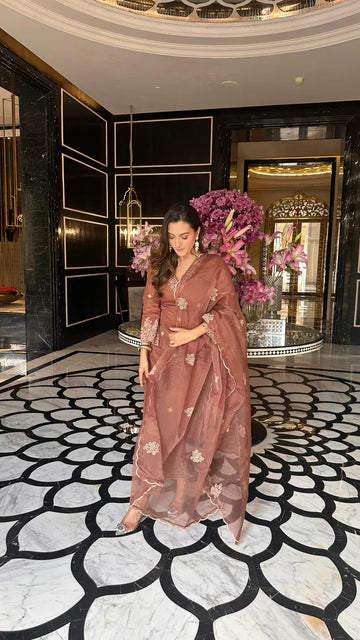Walnut Brown Chanderi Silk Suit Set