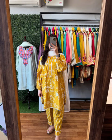 Pure Cotton Kurti Pent With Nack Lace Dupatta Set